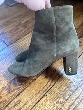 Saint Laurent Olive Green Suede Block Heel Booties